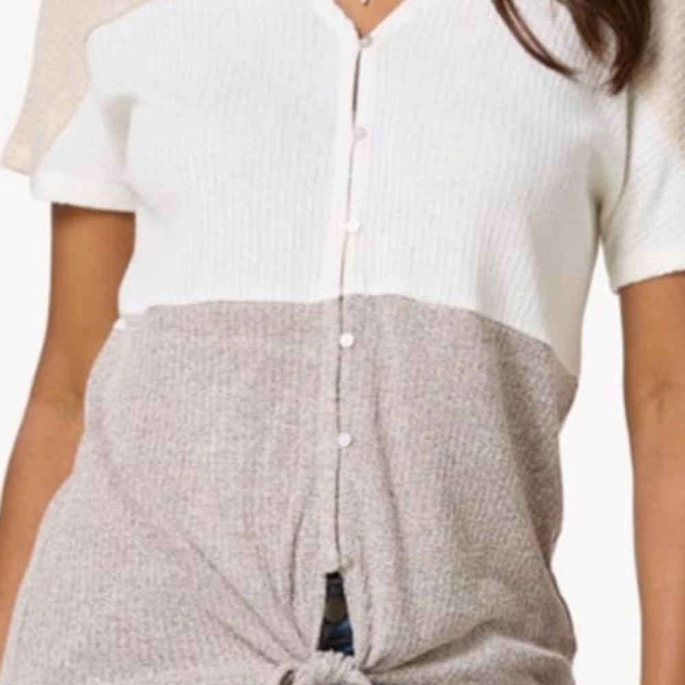 Beige Colorblock Button-Down Top - image 3